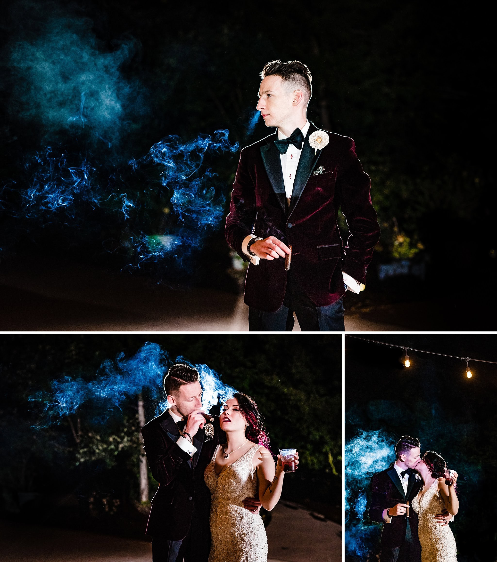 Groom portrait with cigar, wedding day cigars