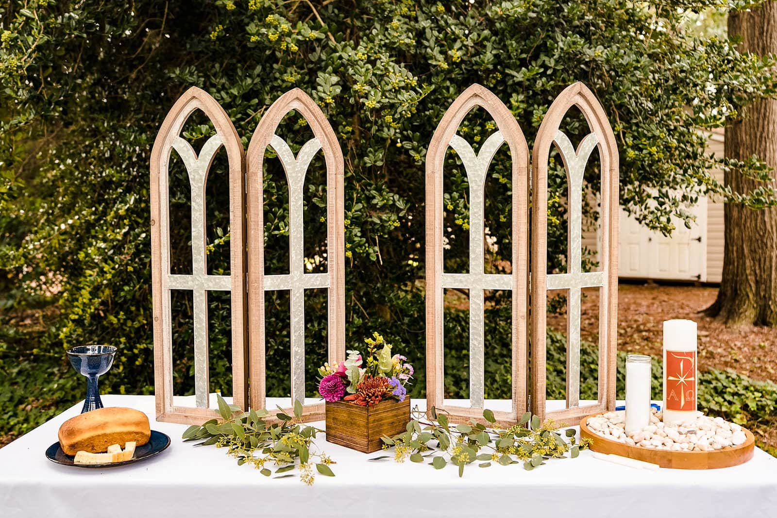 DIY altar set up for a casual backyard wedding