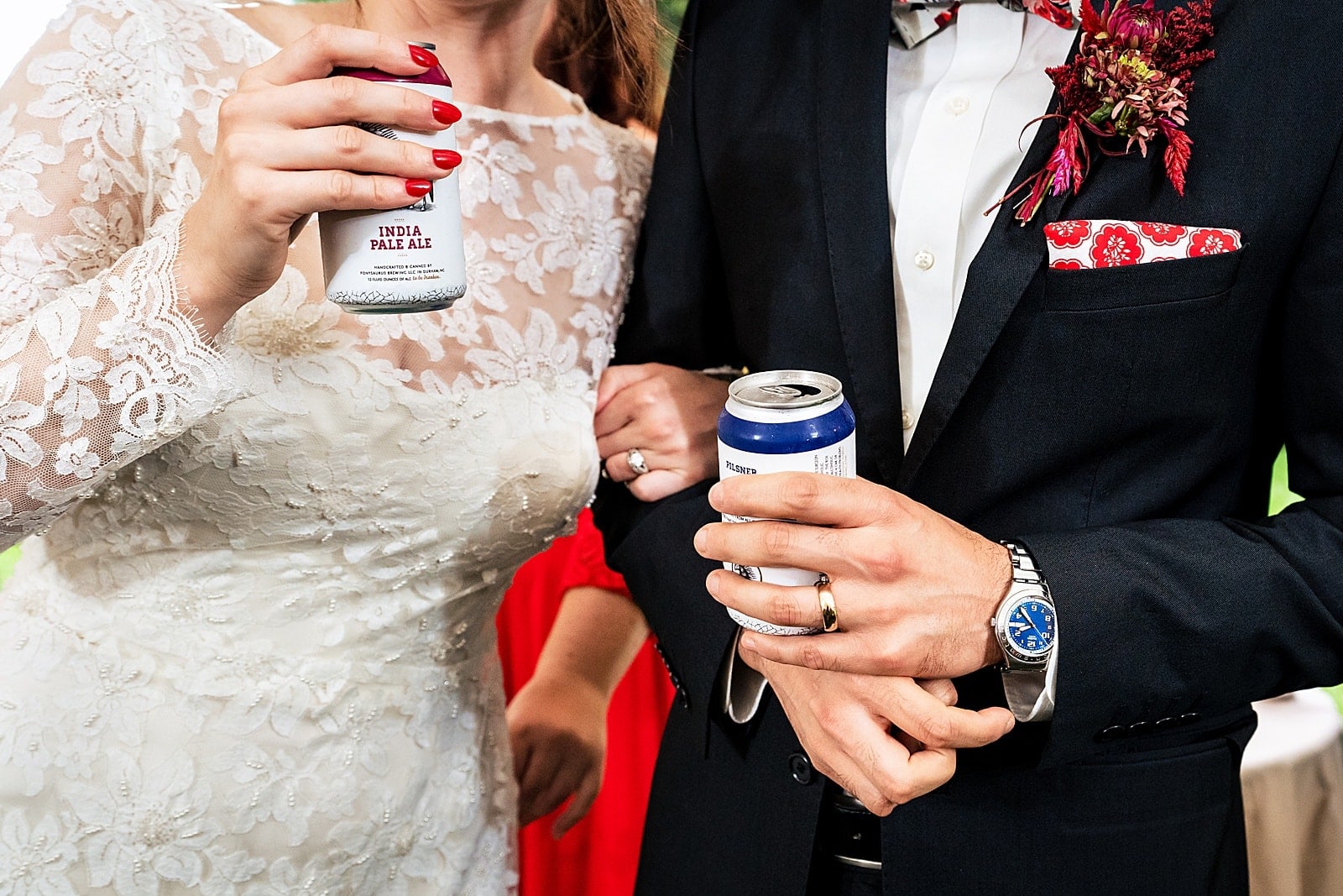 this couple ended their wedding ceremony with a toast and recessed back down the aisle with their favorite beers. 