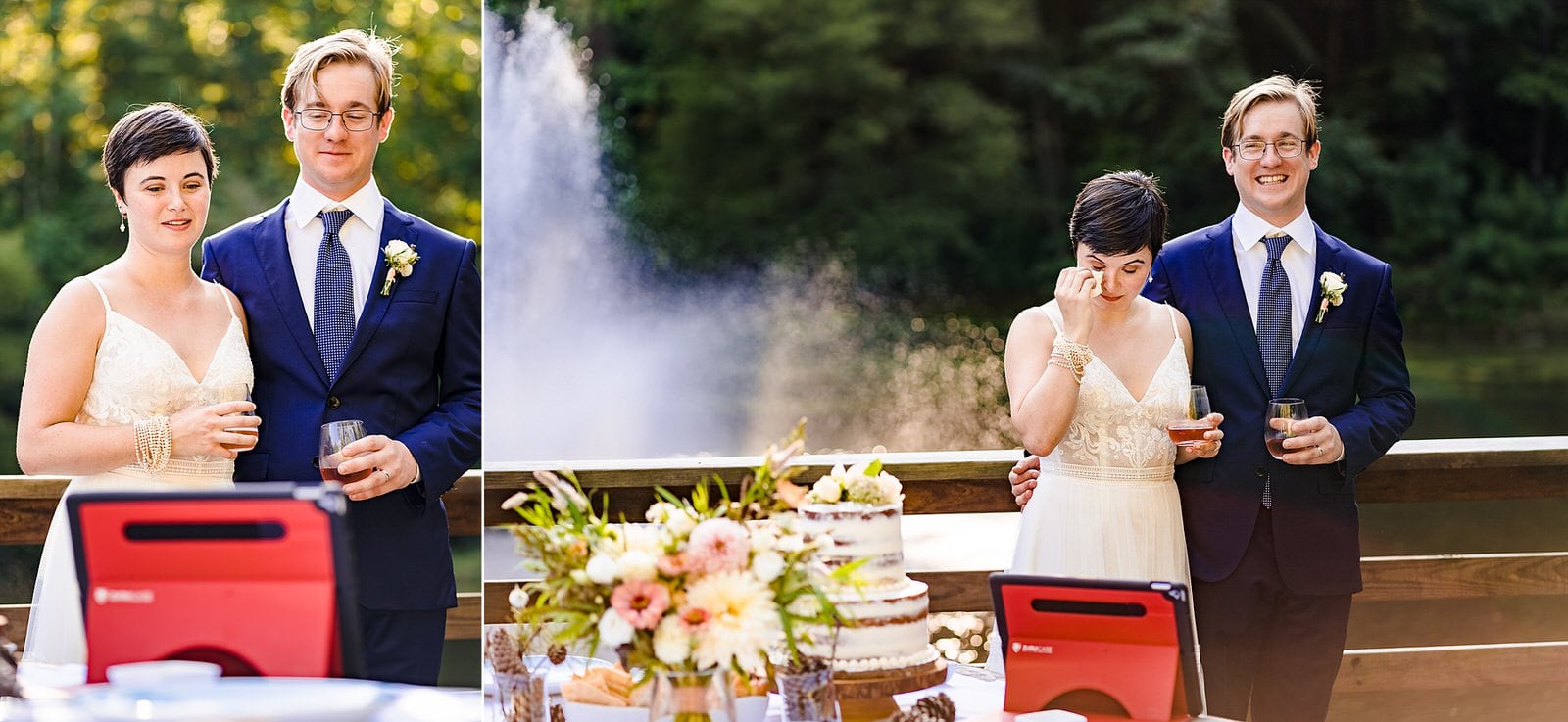 Bride and groom look at an ipad, where their families are toasting them via zoom during a covid19 chapel hill elopement