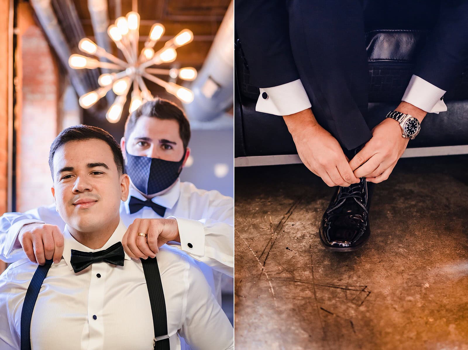 Groom gets ready at the Bull Durham Suite in Durham, NC