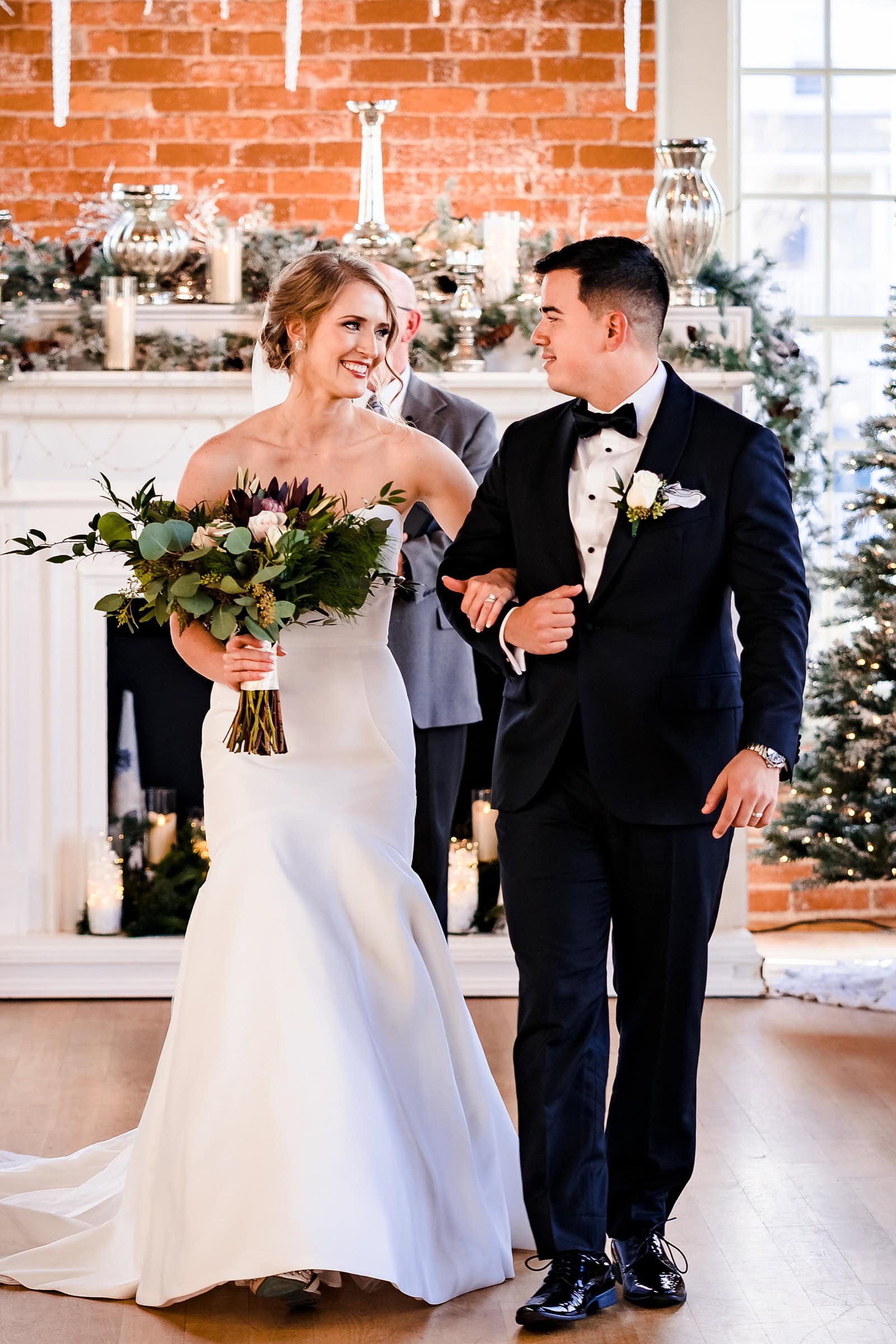 The Cotton Room in Durham, NC set up for a Christmas Wedding ceremony