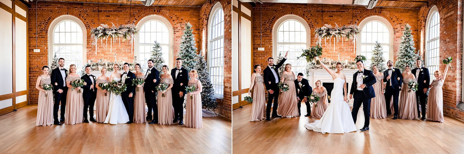 Winter wedding inspiration, sparkly gold bridesmaid dresses and black tuxedos