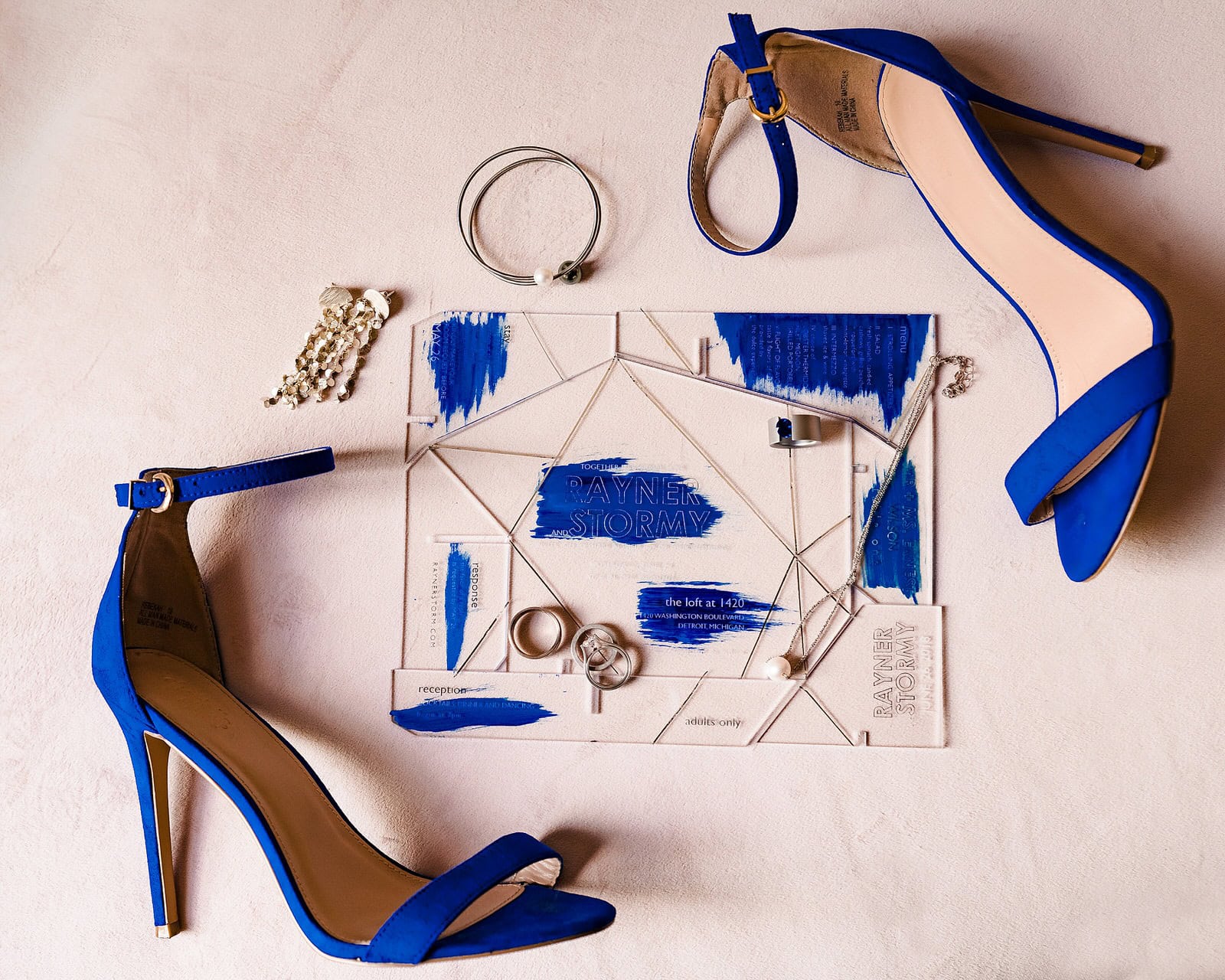 Blue wedding details from a colorful wedding inspiration styled shoot