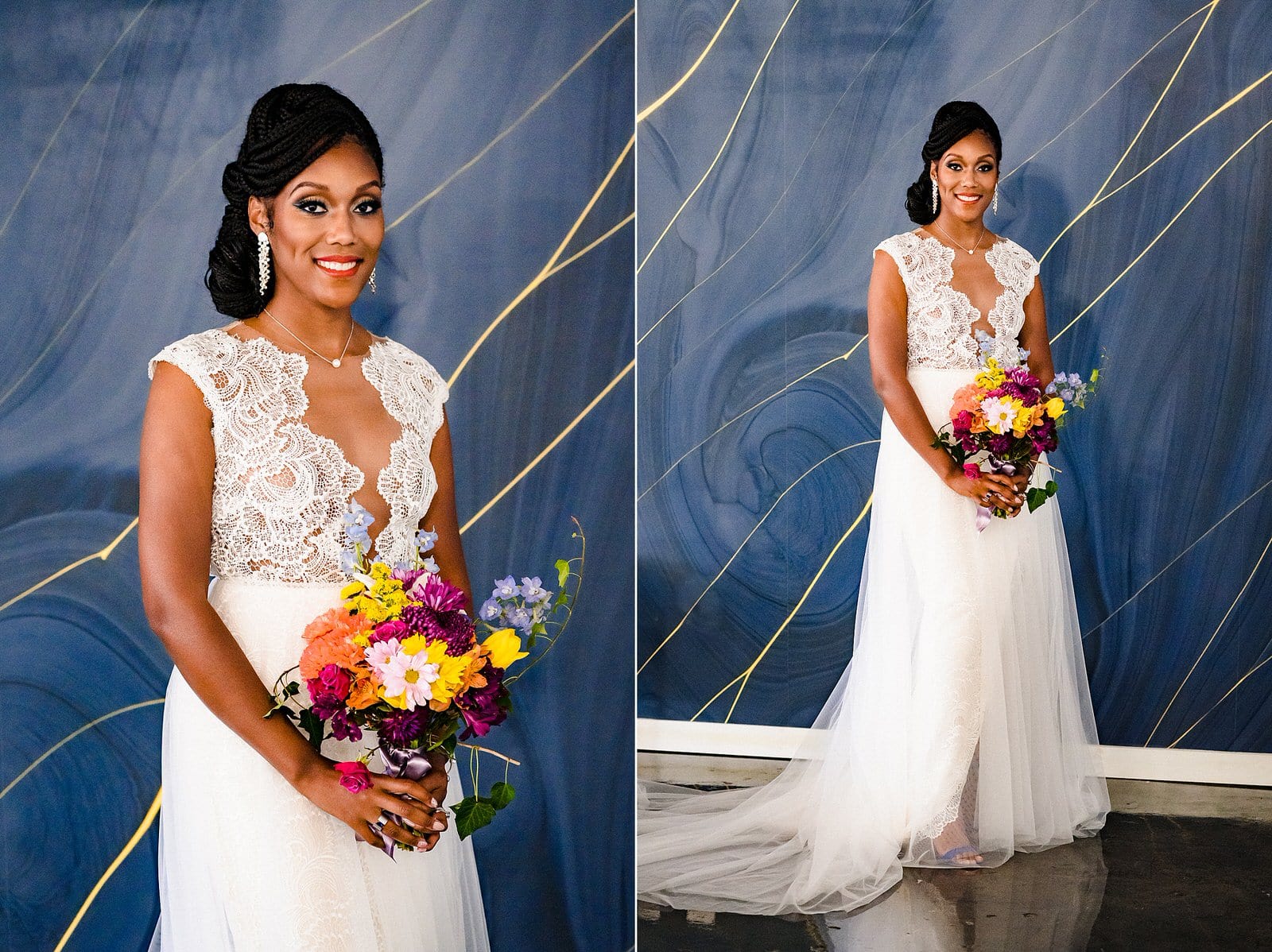 A Black bride in a Gavin Christianson Bridal gown pose in the bridal suite at the Cotton Room