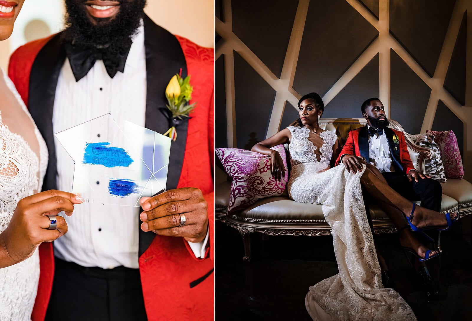 Bride and groom relax on a lounge from Petal & Oak