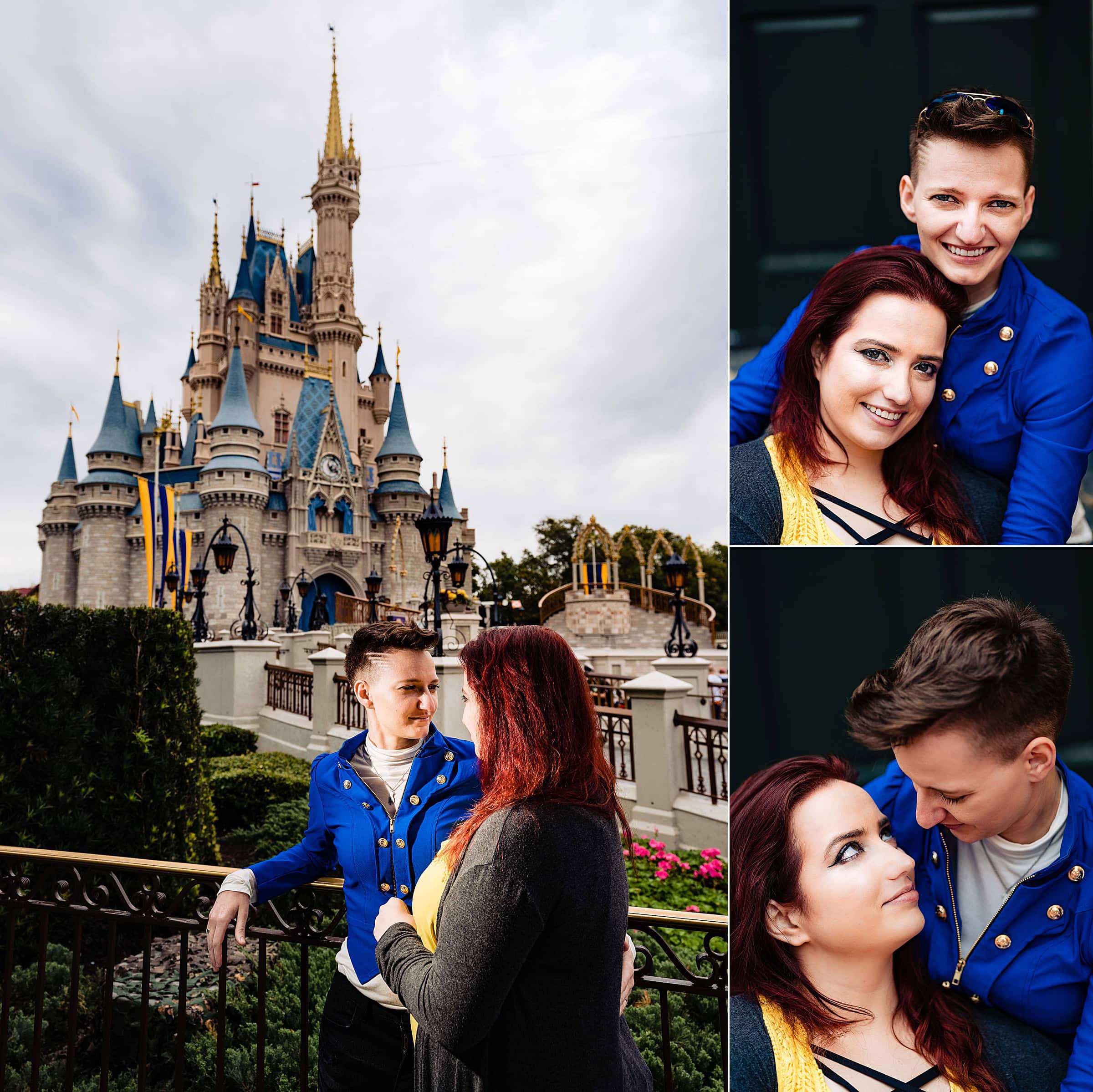 same-sex couple poses in front of Cinderella's Castle | Disney engagement, disney engagement photos, Disney portraits, epcot engagement photos, kivusandcamera.com, magic kingdom engagement photos, same-sex engagement photos, Walt Disney World engagement