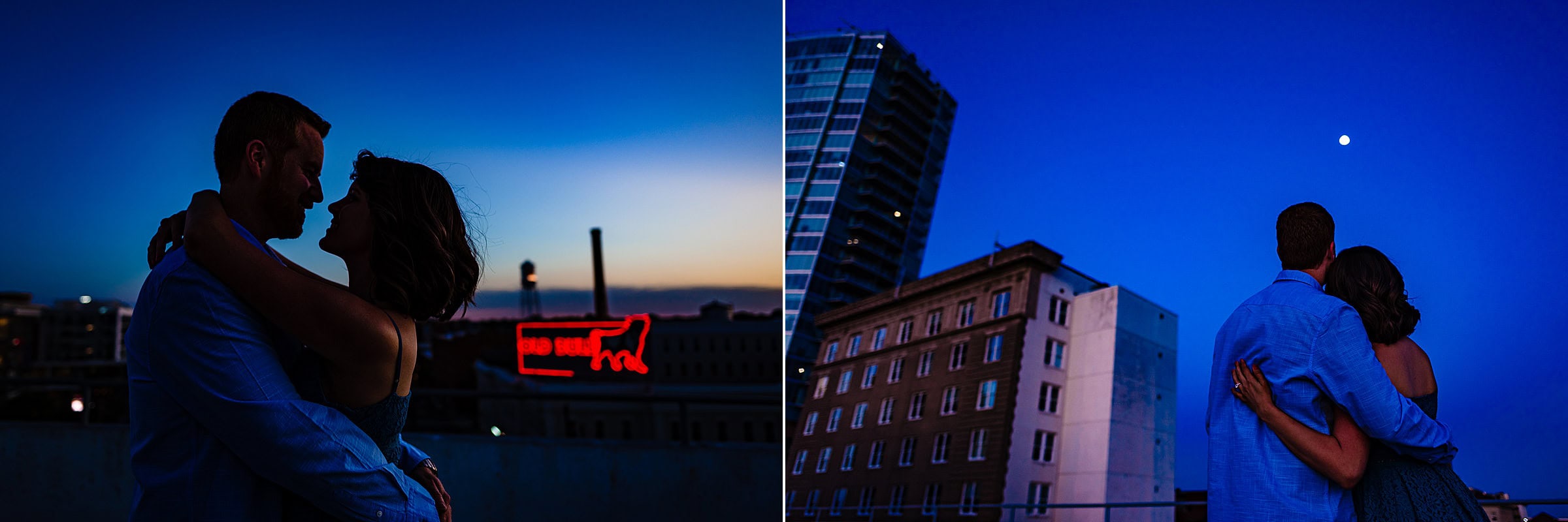 Downtown Durham engagement session from parking garage, blue hour portraits