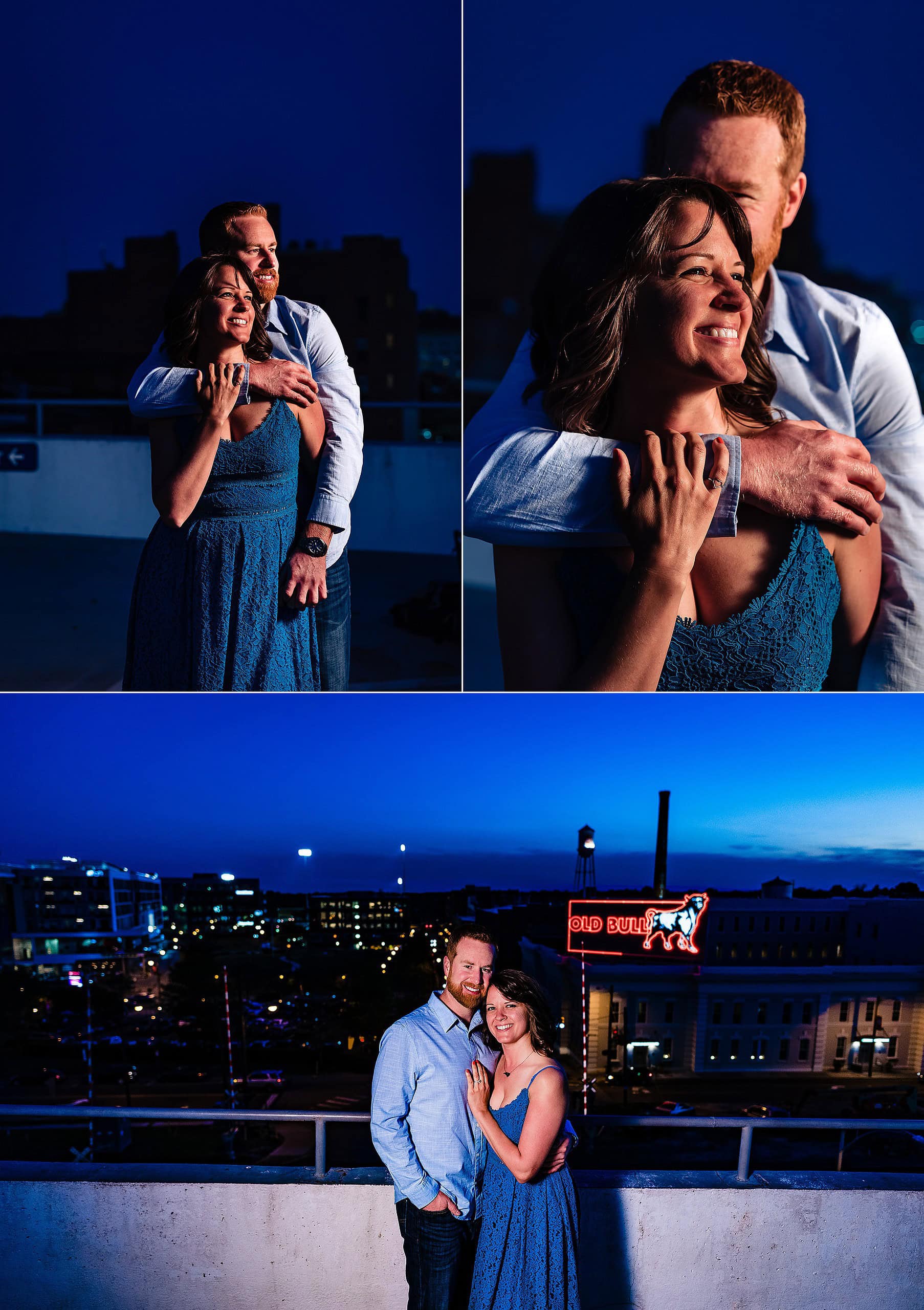 Downtown Durham Engagement photos overlooking American Tobacco Campus