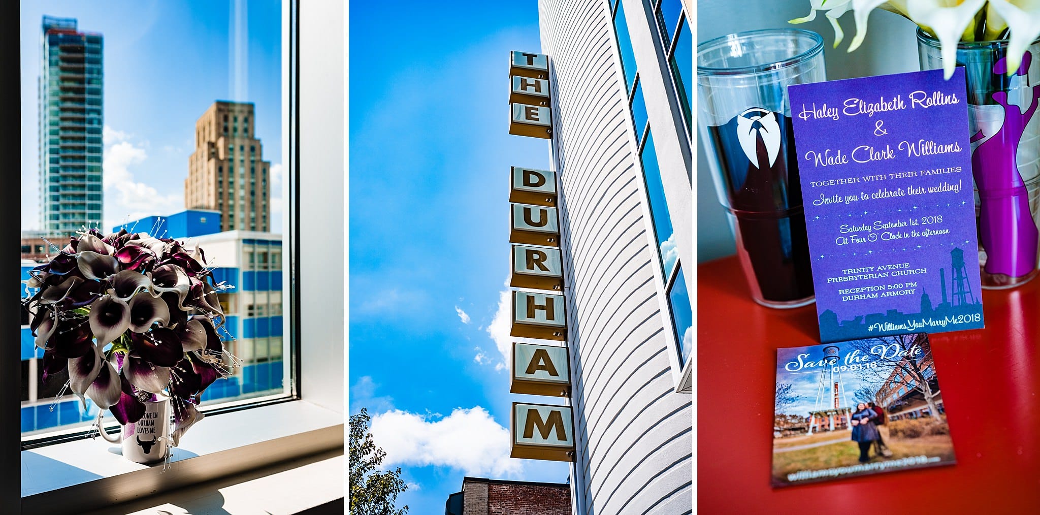 The Durham Hotel Wedding details including a purple bouquet and American Tobacco Campus save the dates