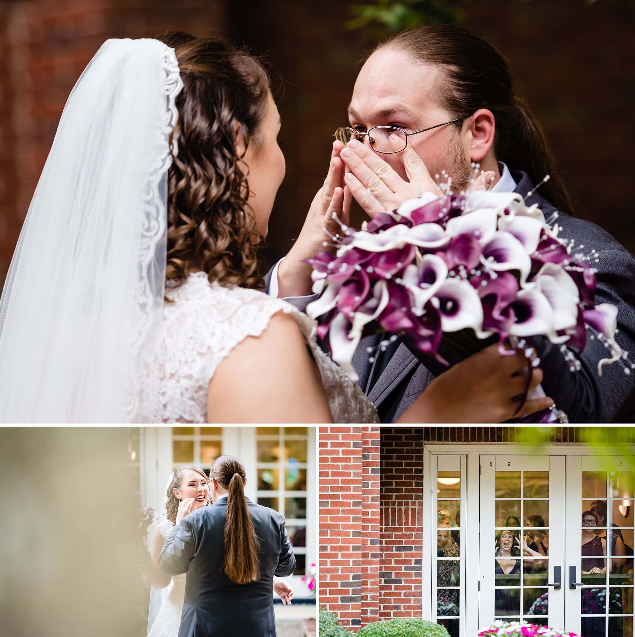 Groom cries during first look with bride at Trinity Avenue Presbyterian Church Wedding in Durham, NC