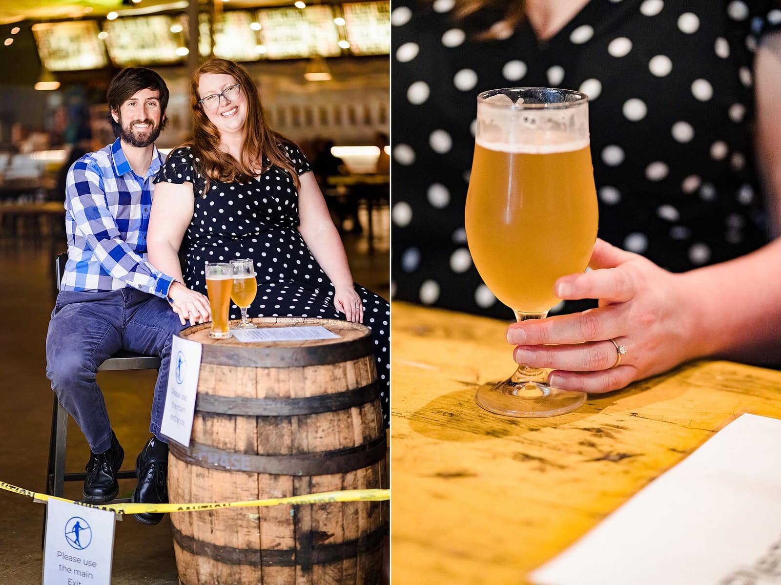 A man and a woman laugh with beers at Durham Brewery Hi-Wire, during their engagement session