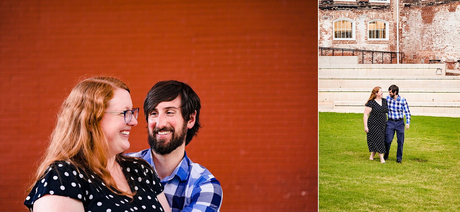 Man hugs a woman as they both laugh during Durham engagement photos