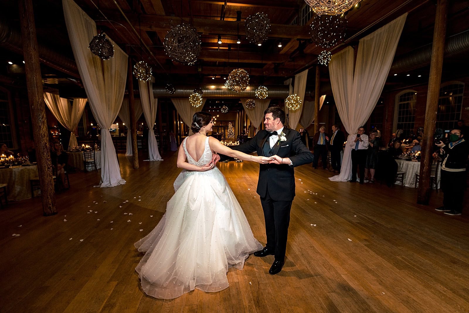 winter wedding reception at the cotton room in Durham, NC