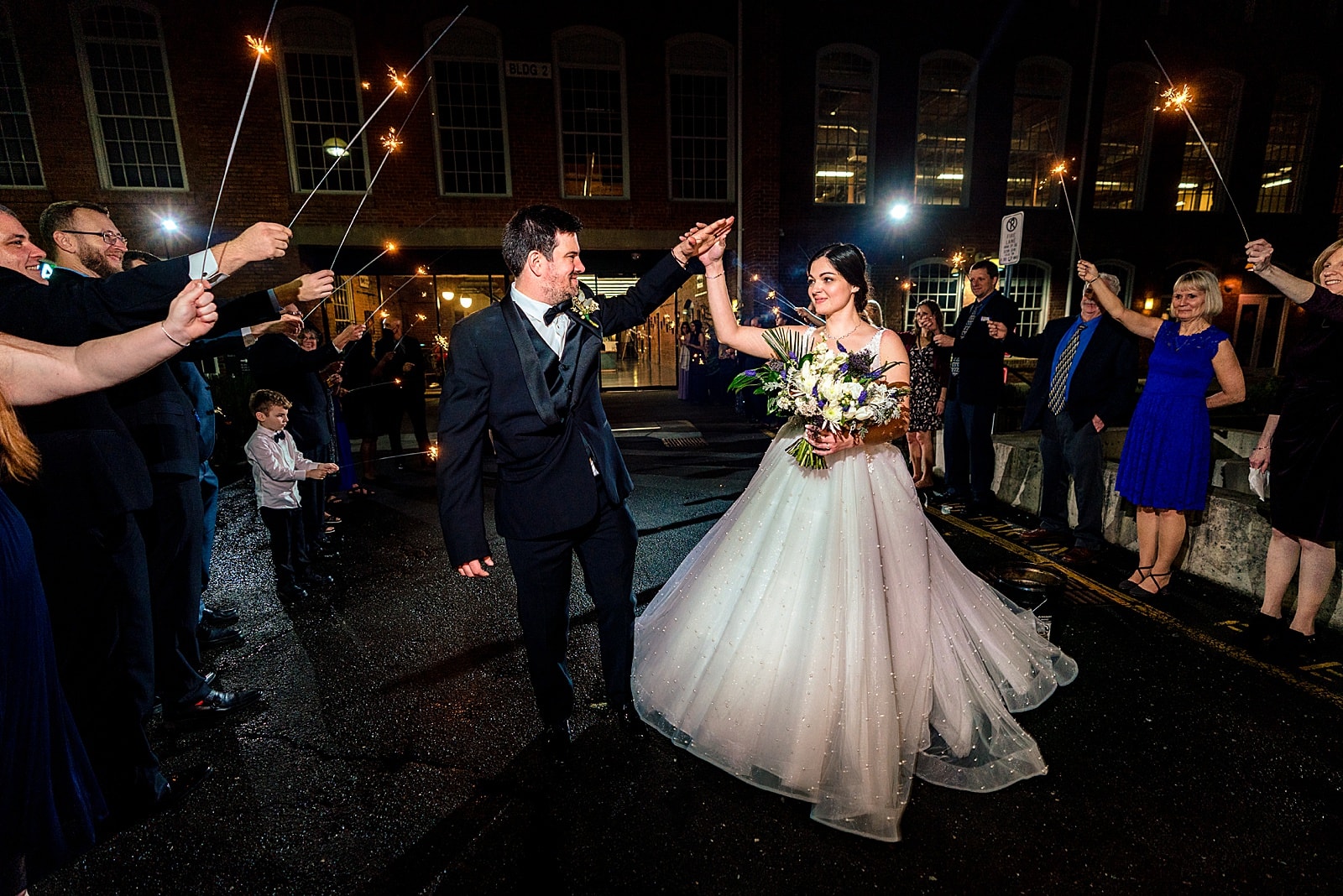 Sparkler exit at a Durham NC Winter Wedding at the Cotton Room