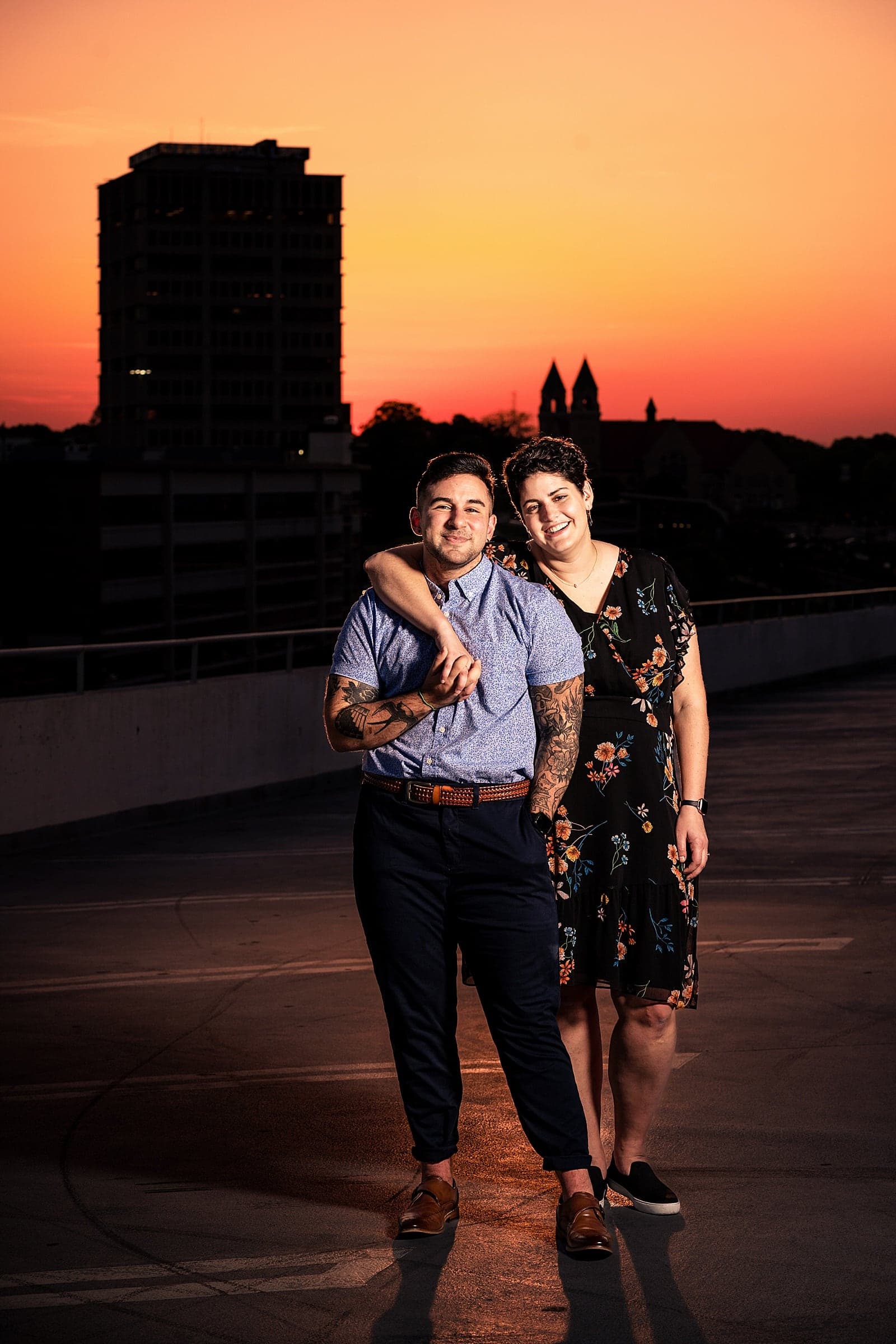 Sunset engagement photos in downtown Durham