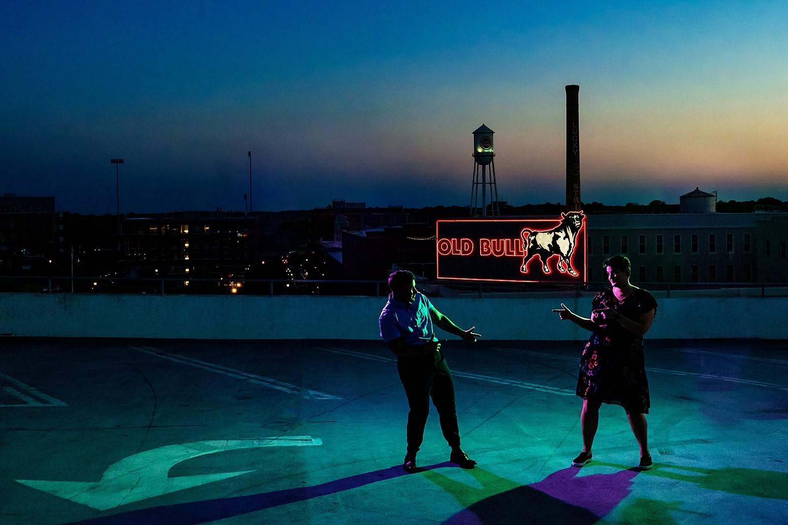 After dark engagement photos in downtown Durham