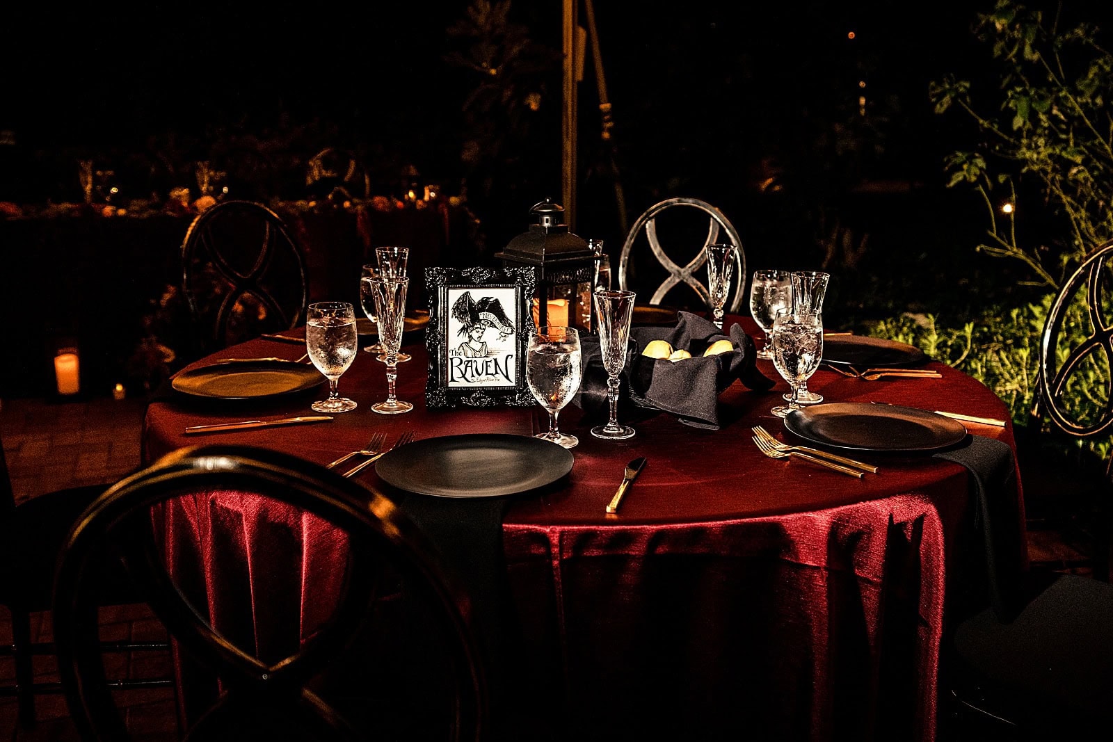 Halloween wedding details at an Edgar Allan Poe themed wedding