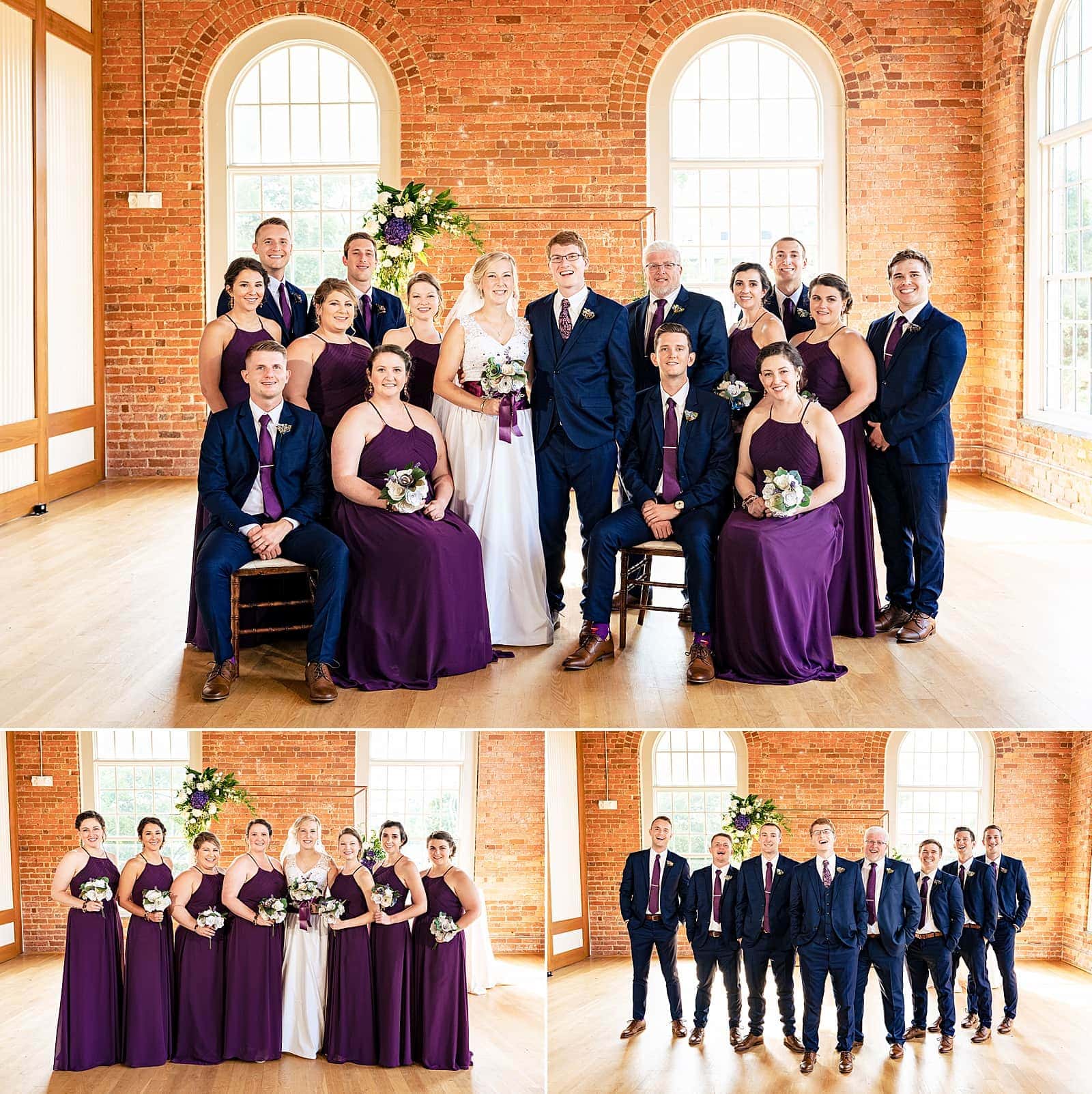 Purple bridesmaids dresses and navy suits for the guys at this fun wedding at The Cotton Room