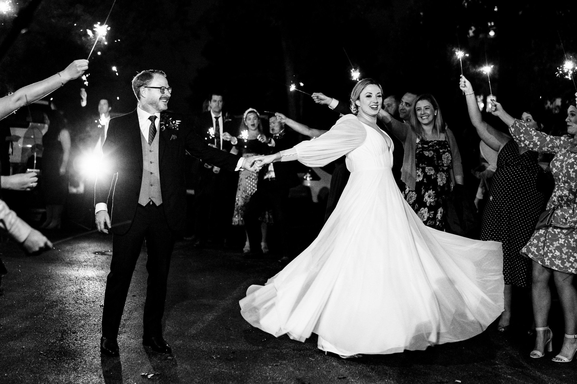 Wedding sparkler exit at Melrose Knitting Mill, a historic Raleigh venue | photos by Kivus & Camera