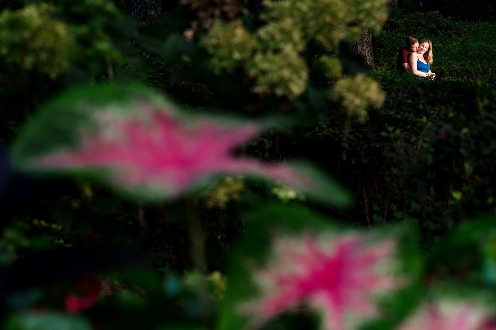 an engaged couple embraces far in the distance, in the foreground are pink and green plants creative engagement photography at Killjoy Cocktail bar in Raleigh, NC | photos by Kivus & Camera