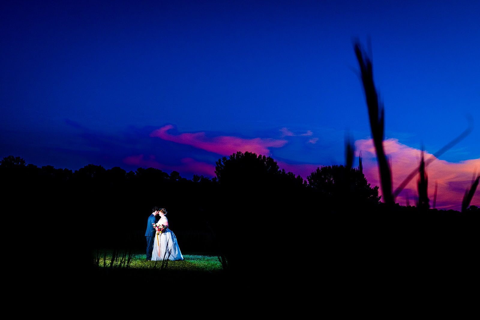 Consider taking some photos after sunset on your wedding day. Check out this gorgeous blue hour portrait at the Meadows Raleigh