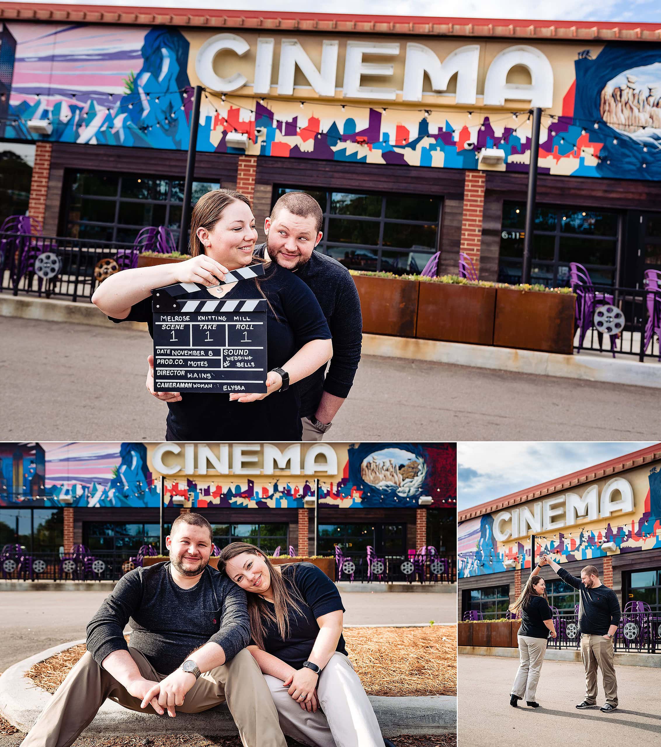 Movie themed engagement photos at Alamo Drafthouse