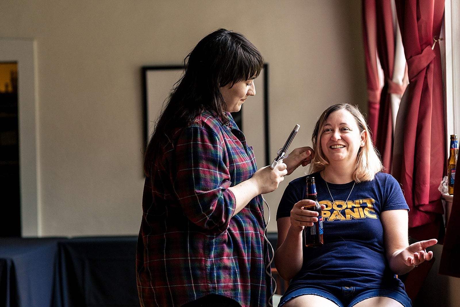 bride wears an awesome Don't Panic tshirt as she gets ready on her wedding day