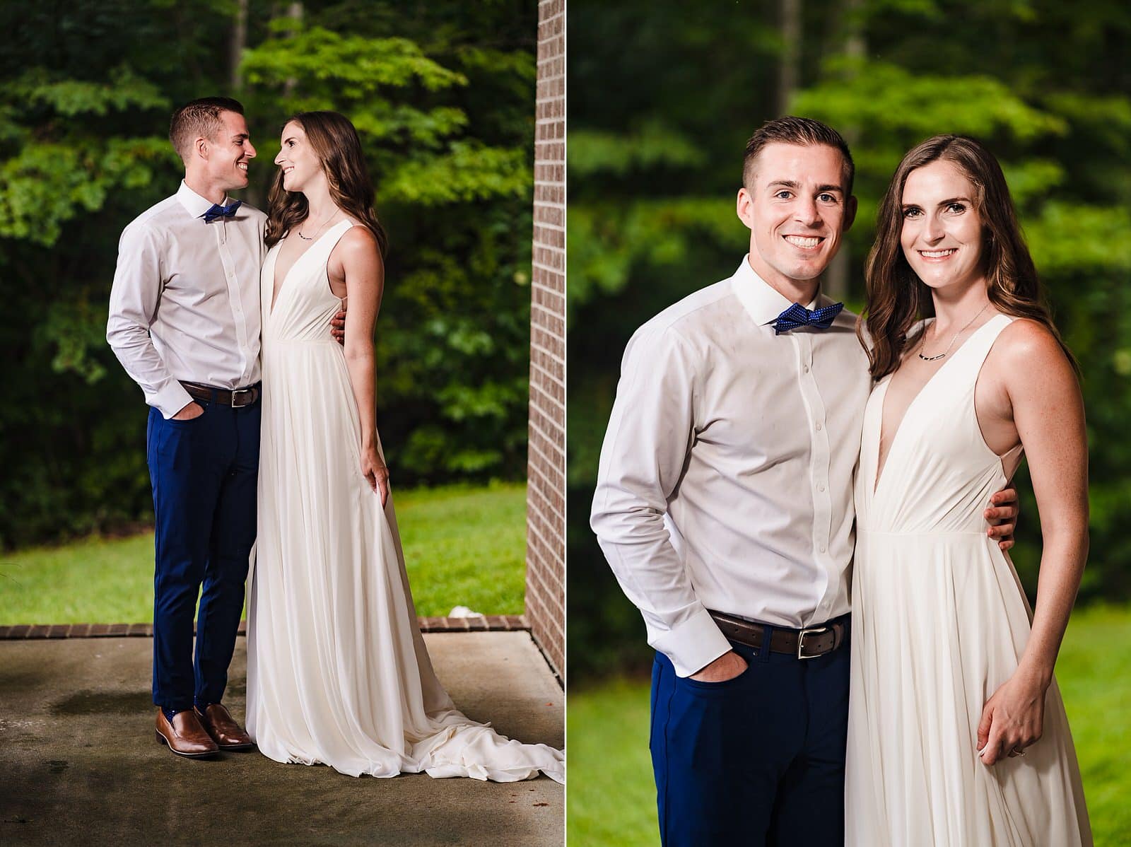 bride and groom pose at their intimate backyard wedding