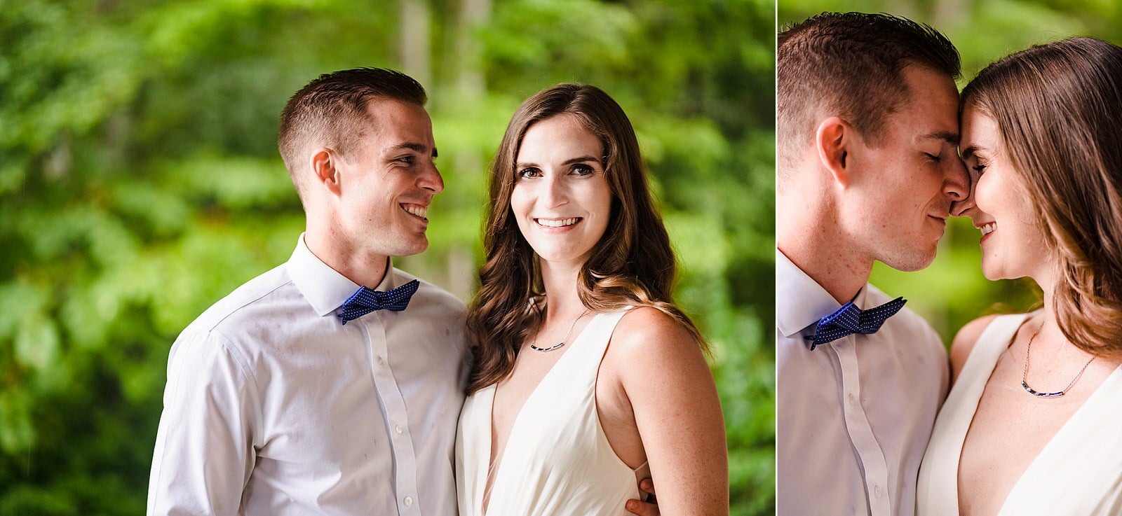 bride and groom pose at their intimate backyard wedding