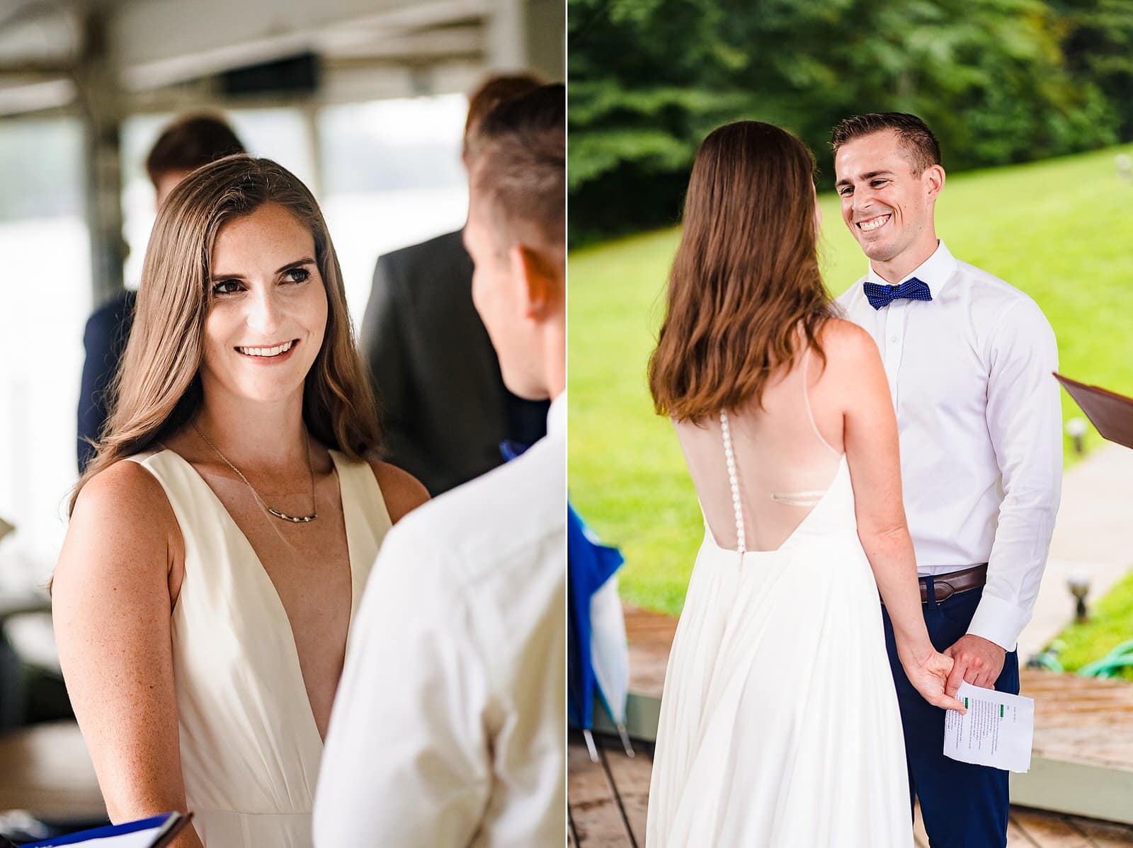 bride and groom hold hands and look at one another during their intimate backyard wedding ceremony