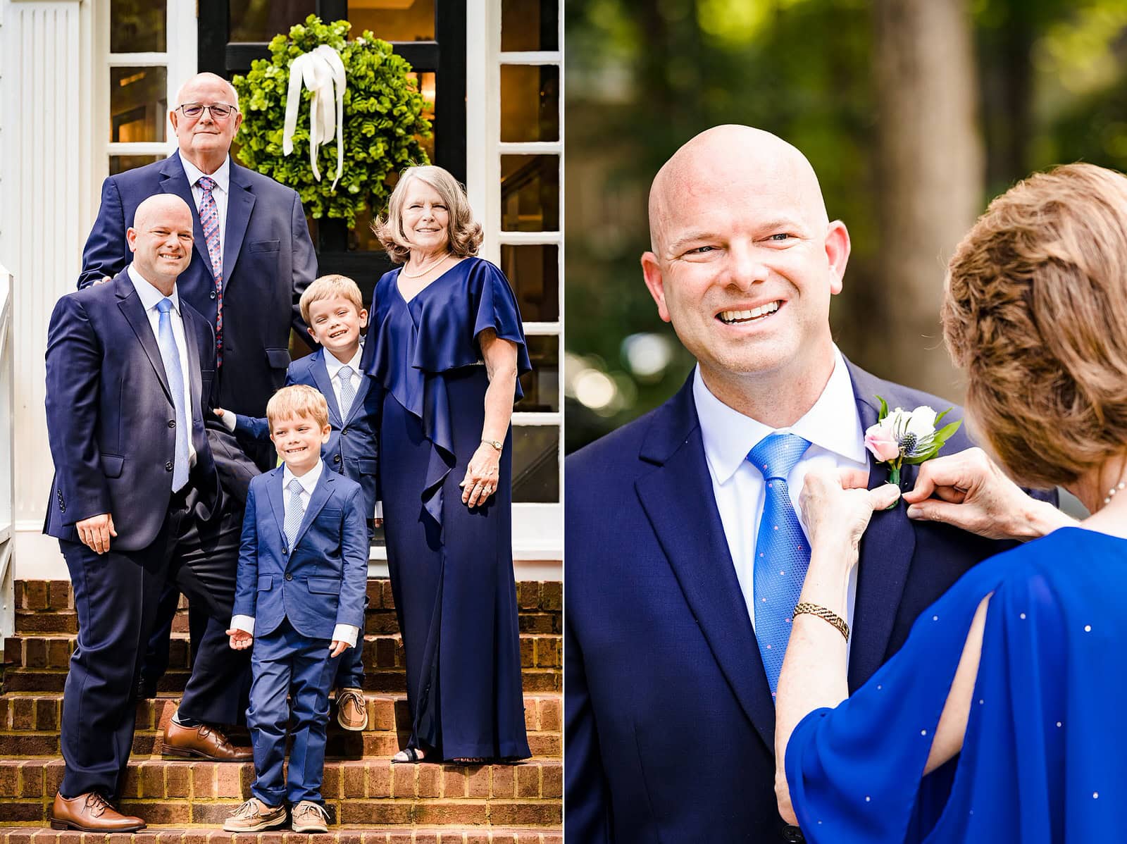 Mother of the bride pins a boutonnière on the groom