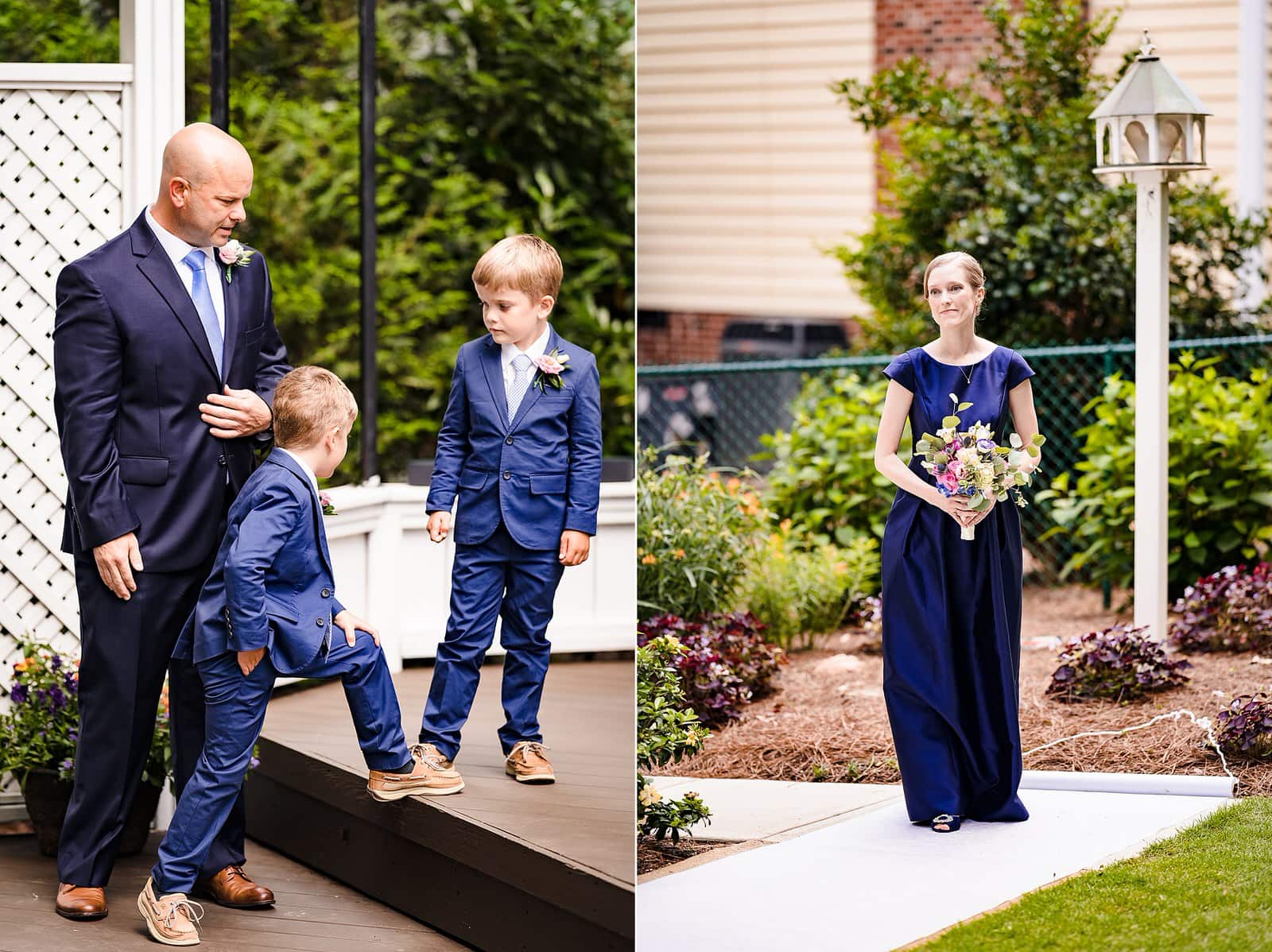 Groom waits with his sons as wedding party begins processing in to ceremony