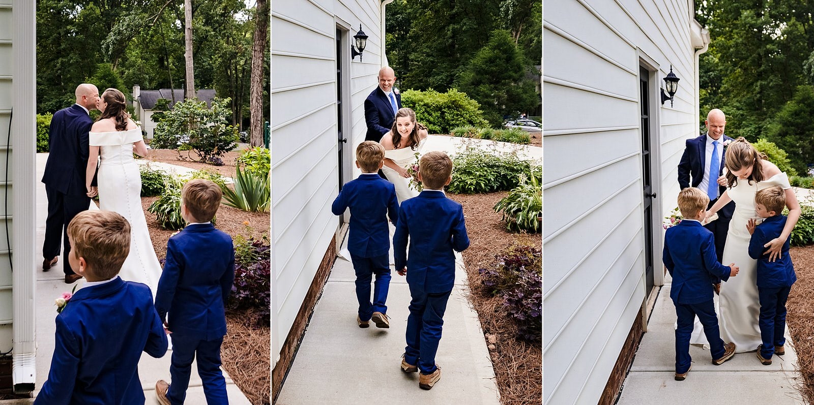 Bride and groom smile and process out of wedding ceremony at Raleigh micro-wedding