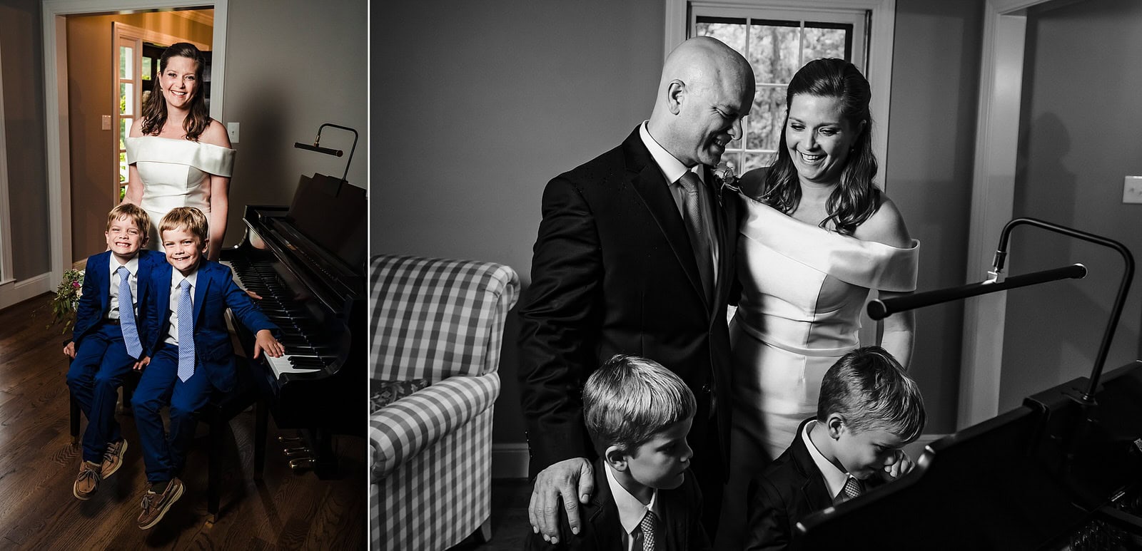 Bride and groom pose with groom's sons at piano