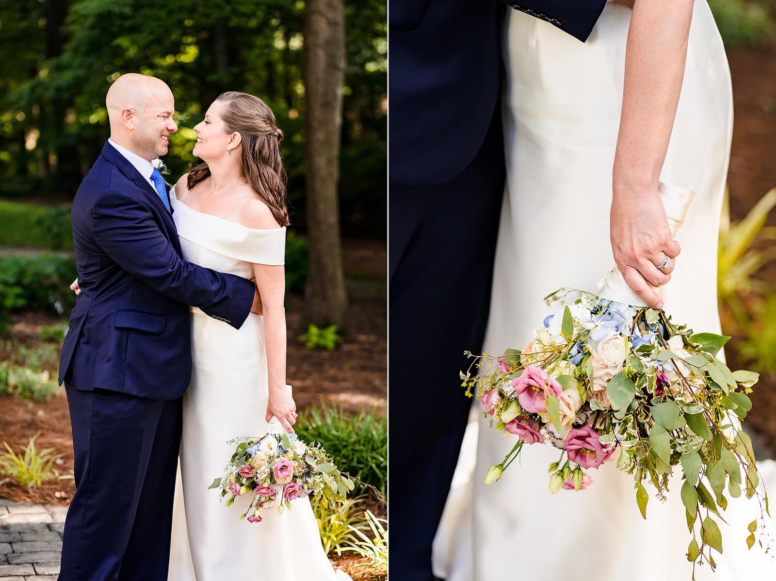 Wedding portraits of a bride and groom at their Raleigh backyard wedding