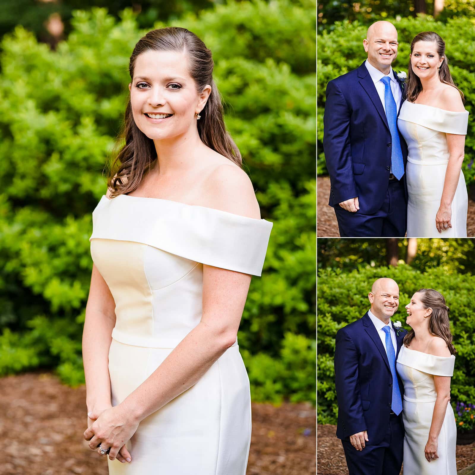 Wedding day portraits of bride and groom after their backyard ceremony