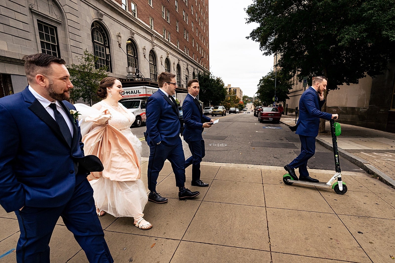 this wedding party walked (and scootered) all around downtown Raleigh for gorgeous wedding photos