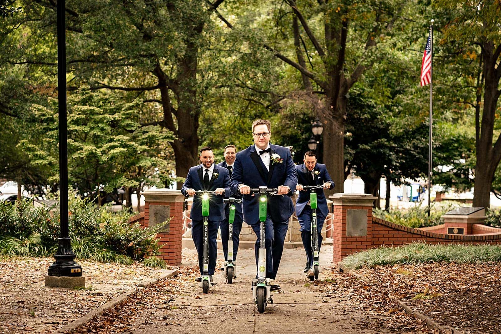 this wedding party walked (and scootered) all around downtown Raleigh for gorgeous wedding photos