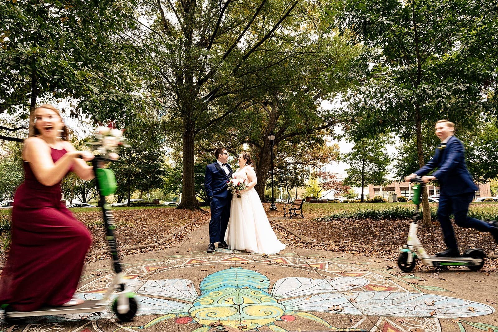 this wedding party walked (and scootered) all around downtown Raleigh for gorgeous wedding photos