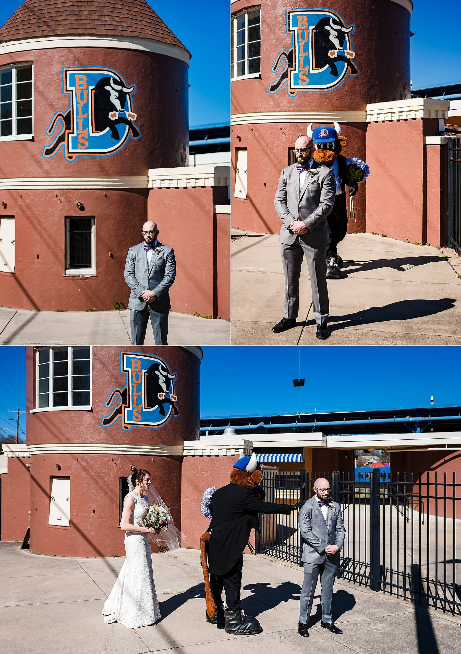 Durham Bulls Wedding - Wool E. Bull First Look - Surprise First Look