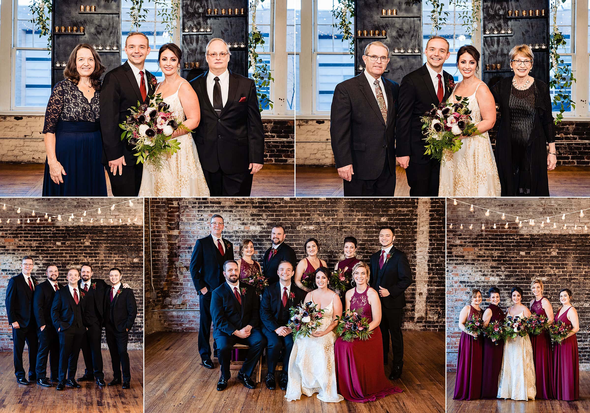 Posed formal portraits of a bride and groom with their parents and their wedding party at The Stockroom in Raleigh, NC | kivusandcamera.com