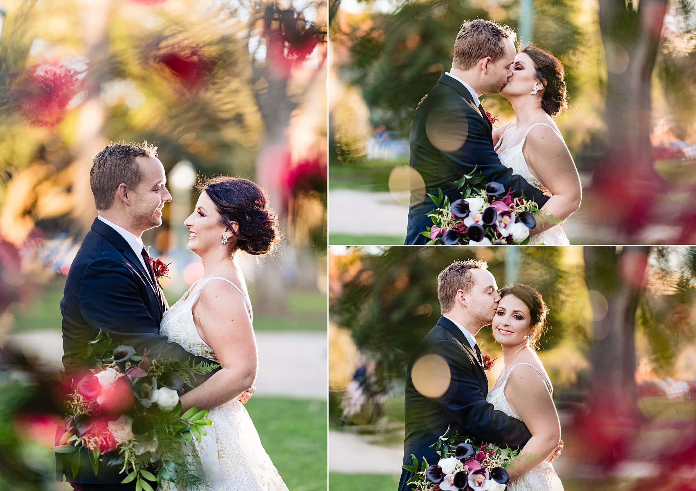 Collage of portraits of a couple on their wedding day. The location is downtown Raleigh. The bride is wearing a white and gold dress and her bouquet has purple, white and gold flowers. The groom is in a navy suit with a wine-colored tie. | kivusandcamera.com
