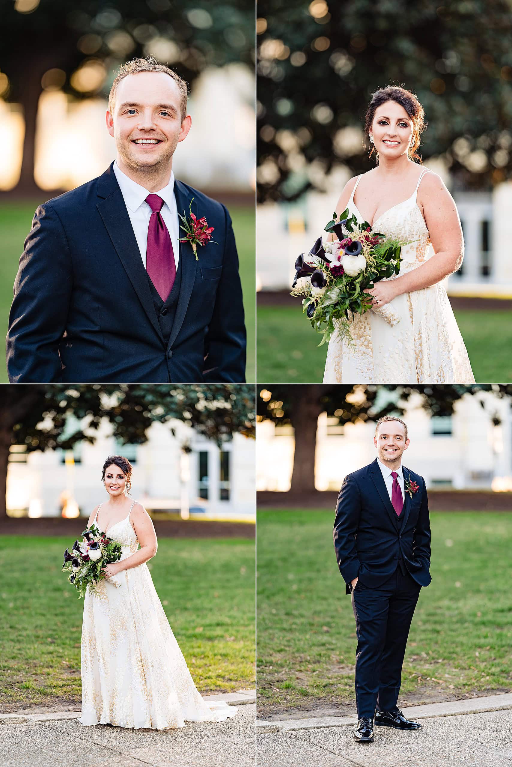 Collage of portraits of a couple on their wedding day. The location is downtown Raleigh. The bride is wearing a white and gold dress and her bouquet has purple, white and gold flowers. The groom is in a navy suit with a wine-colored tie. | kivusandcamera.com