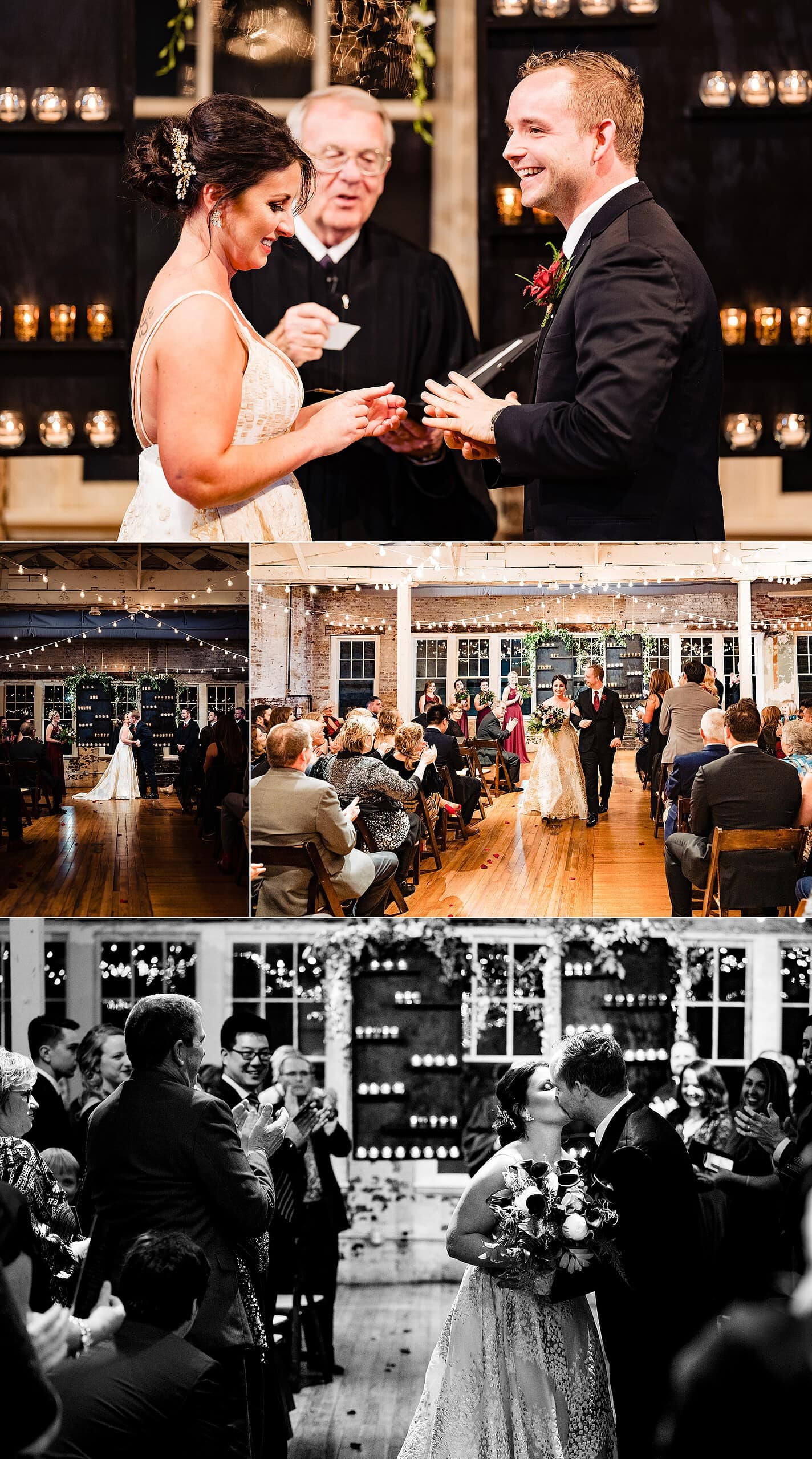 Photos from a wedding ceremony at the Stockroom in downtown Raleigh. Bride and groom laugh while exchanging vows, kiss, and recess down the aisle | kivusandcamera.com