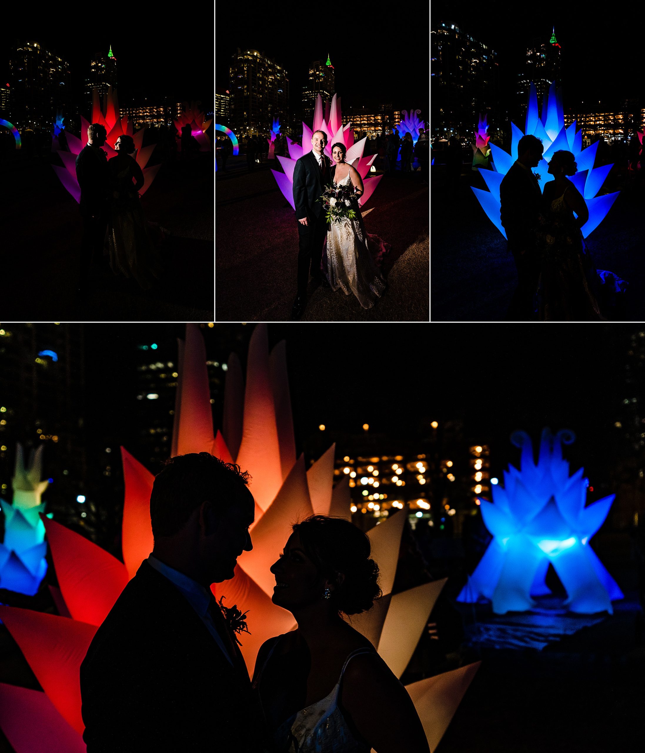 Collage of photos of bride and groom posing in front of inflatable, color-changing art installation resembling a giant lotus blossom. The installation, from Artsplsoure, is in Moore Square in downtown Raleigh | kivusandcamera.com
