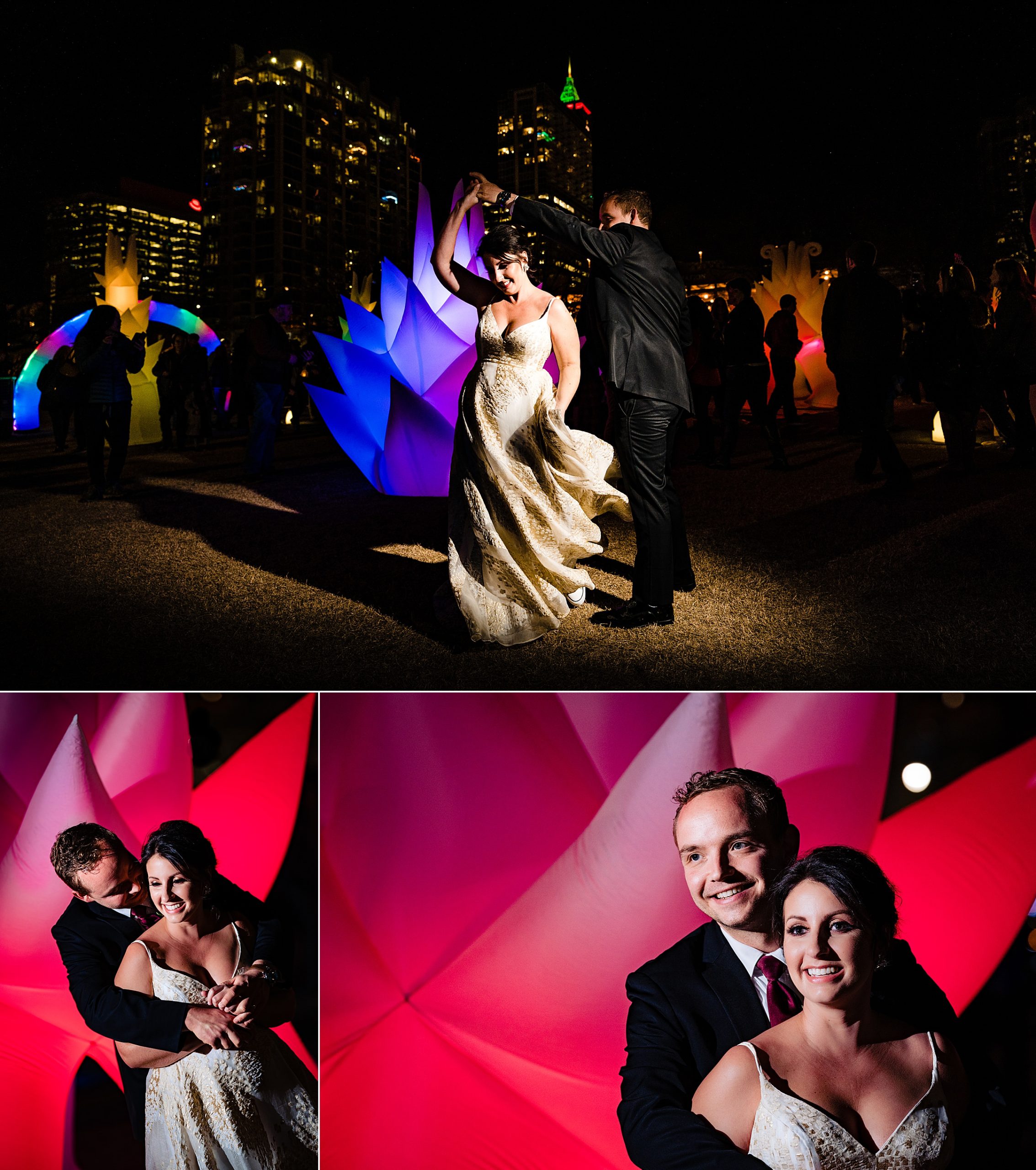 Collage of photos of bride and groom posing in front of inflatable, color-changing art installation resembling a giant lotus blossom. The installation, from Artsplsoure, is in Moore Square in downtown Raleigh | kivusandcamera.com