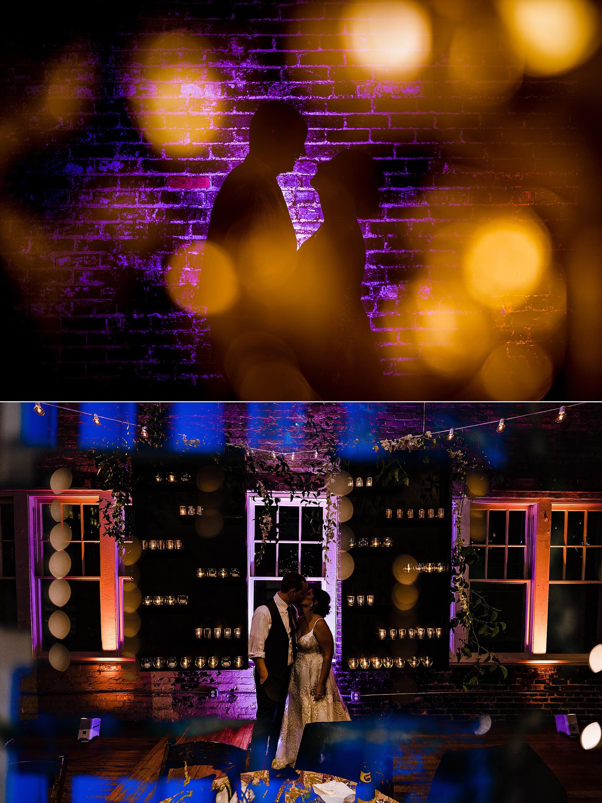 Creative, colorful portraits of bride and groom after dark by Raleigh Wedding Photographers