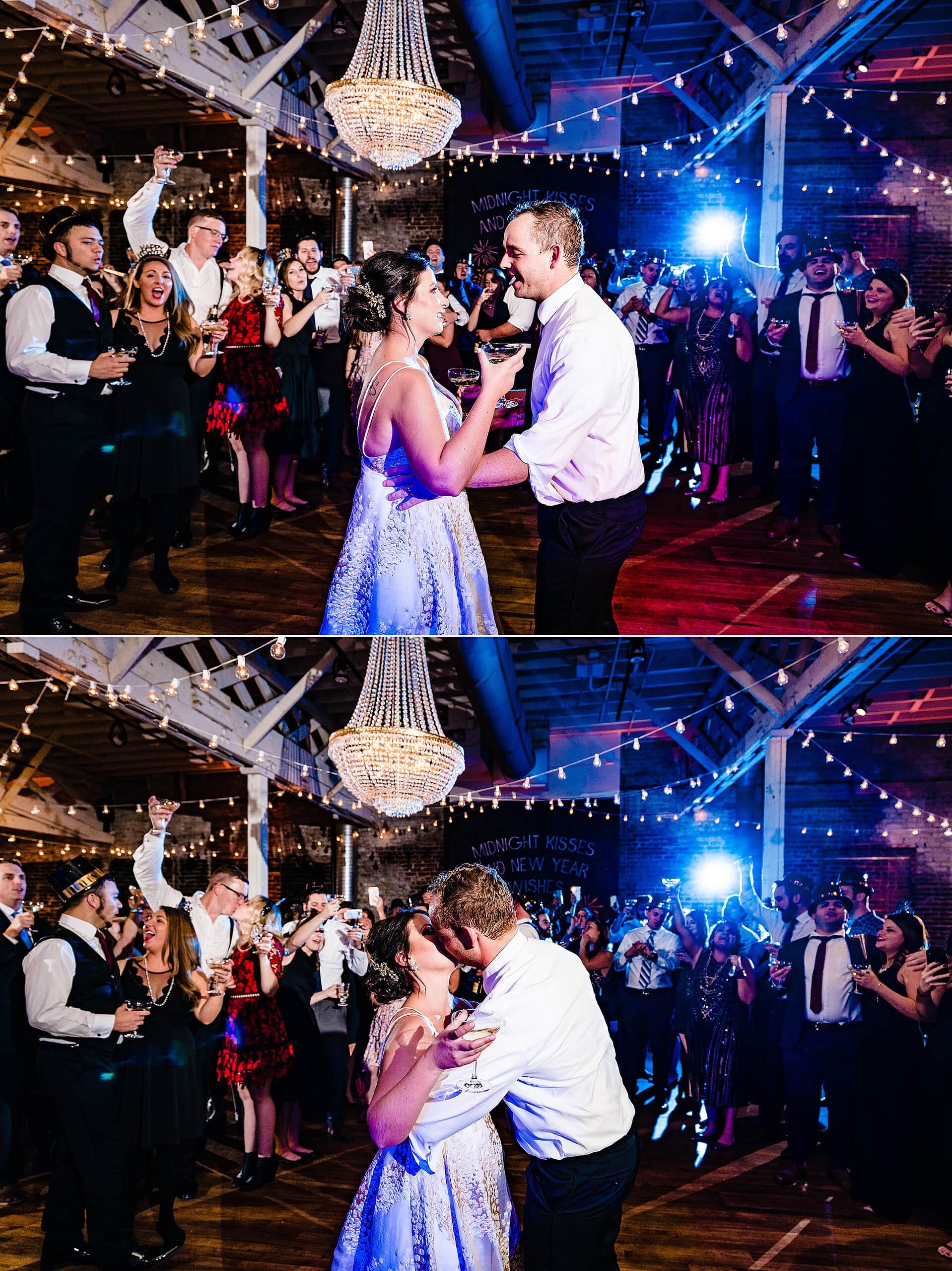 Midnight kiss between bride and groom at New Year's Eve Wedding from Raleigh wedding photographers