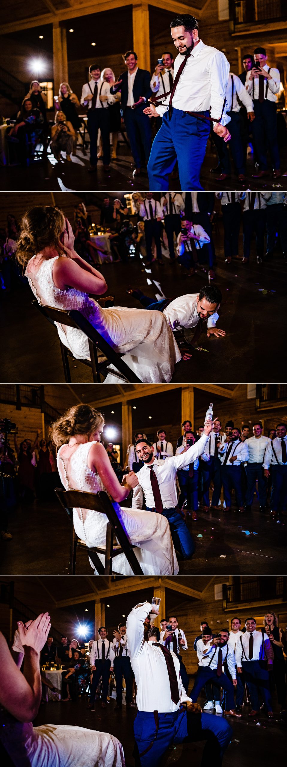 groom gets iced during garter at wedding, kivusandcamera.com